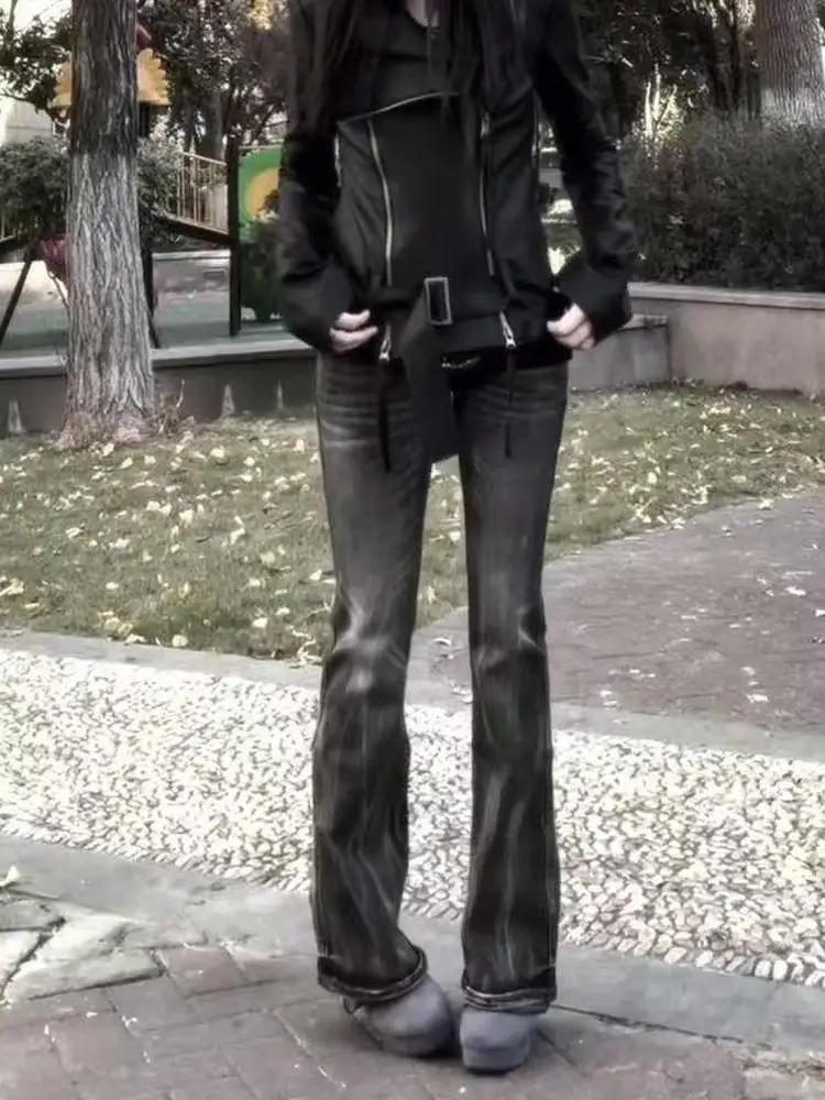 레트로 아메리칸 디자인 번개 패턴 데님 팬츠 여성용 가을 겨울 신상 슬레 INS 핸드메이드 루즈 마이크로 플레어 팬츠