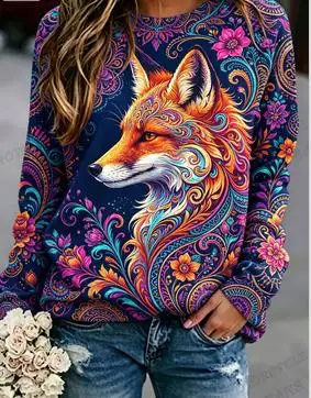 Women Long Sleeve Sweatshirt Bohemian Mandala Wolf Print Crew Neck Casual Loose Pullover Ladies Autumn Daily Wear Tops - view 5
