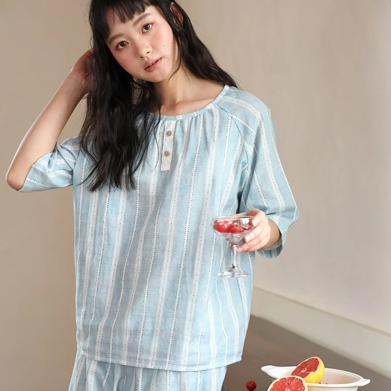 

Spring Summer Pure Cotton Loungewear Women New Button-loose Short Short-sleeved Set Casual Skin-friendly Printing Outer Pajamas