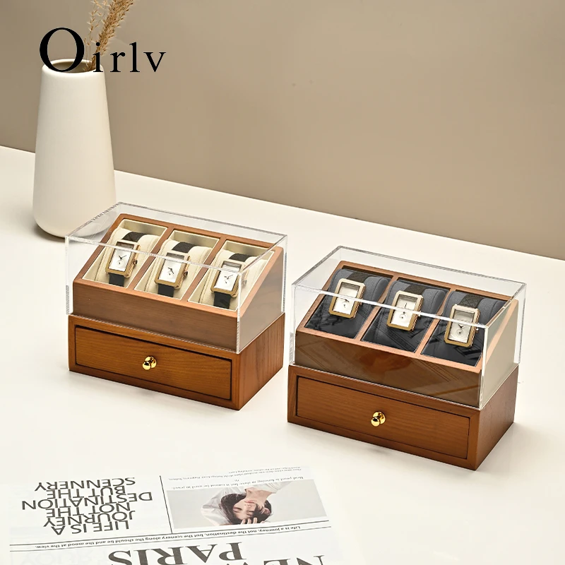 Oirlv 2-layer Watch Box Wooden Jewelry Organizer Wrist Watch Storage Case Dust-proof Transparent Cover Jewelry Watch Display Box