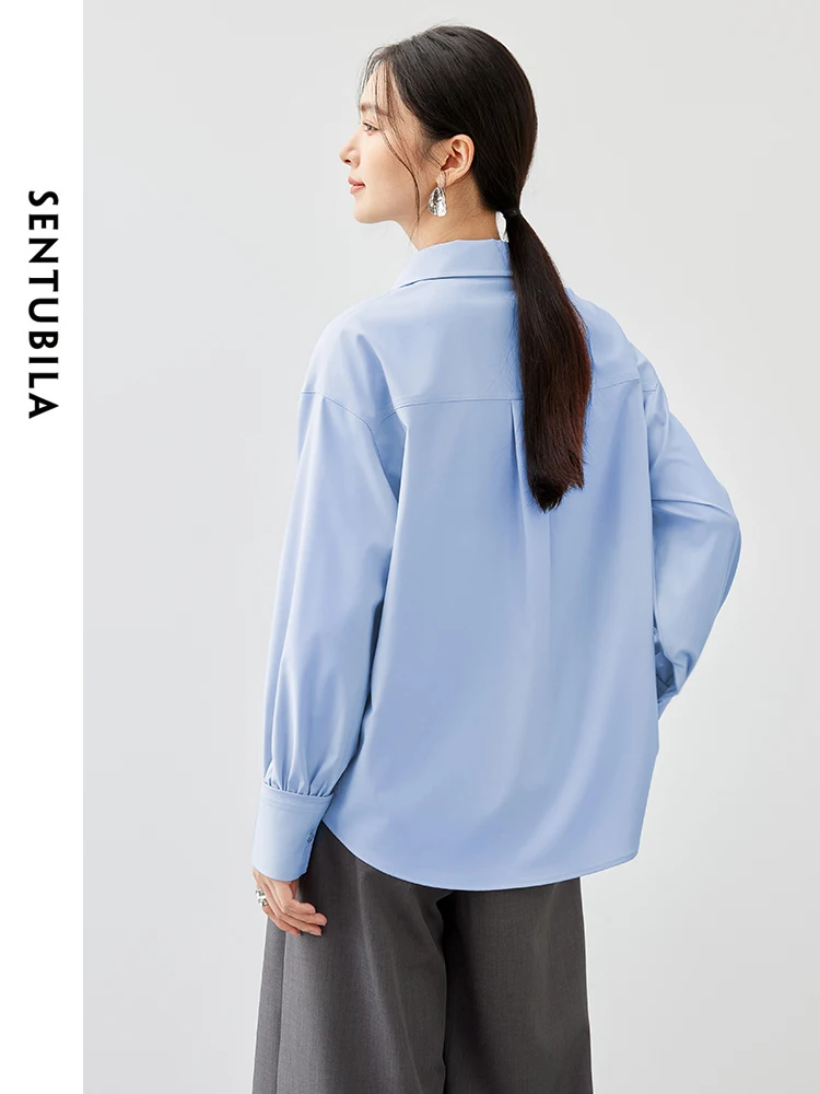 SENTUBILA Office Lady White Shirt for Women 2024 Autumn Straight V Neck Drop Sleeves Single-breasted Basic Blouse 143C55713