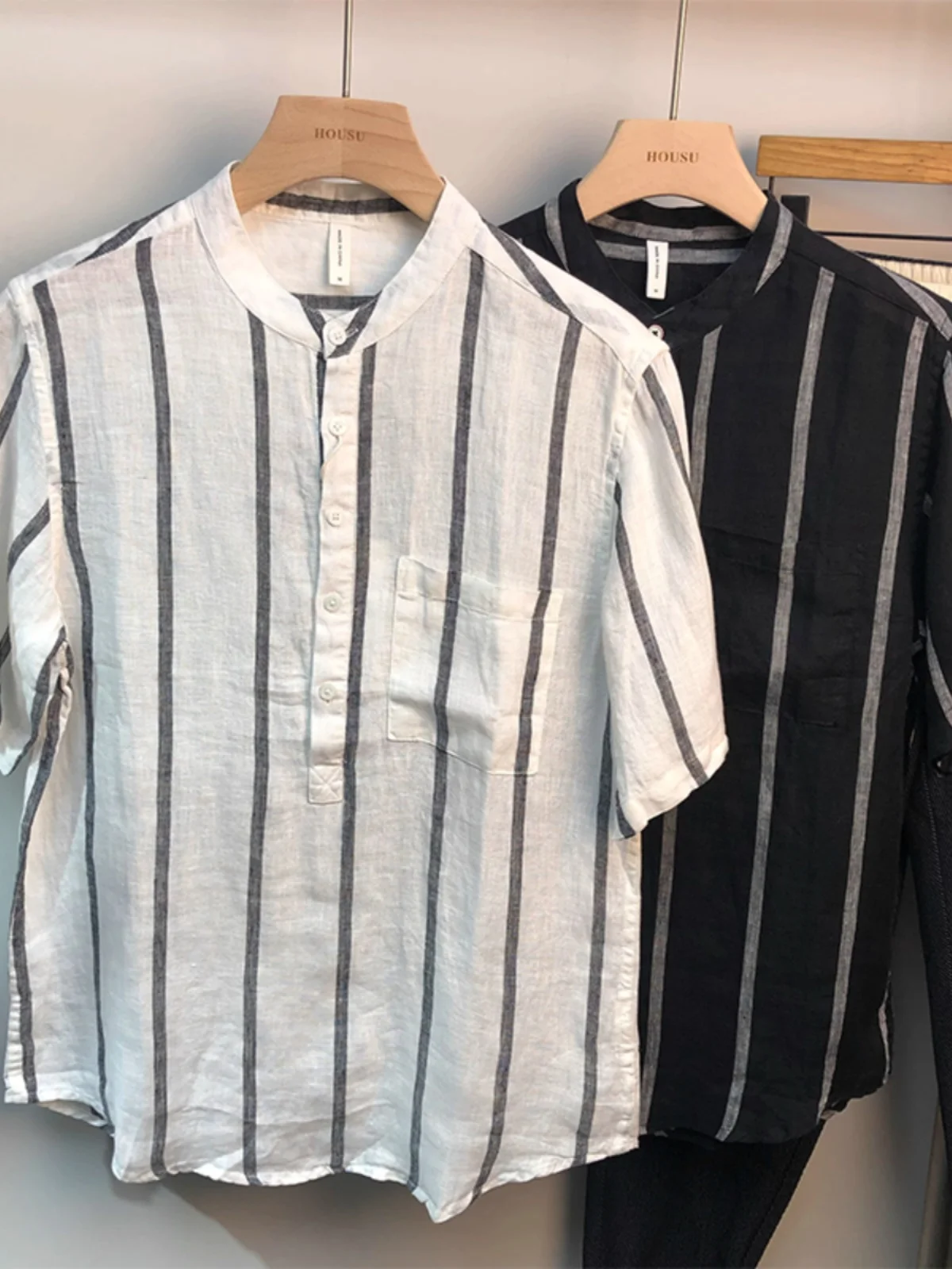 

Loose Fit Cotton Linen Short Sleeve T-Shirt Men's Stand Collar Half Sleeve mid Sleeve Summer Breathable Comfortable T-Shirt
