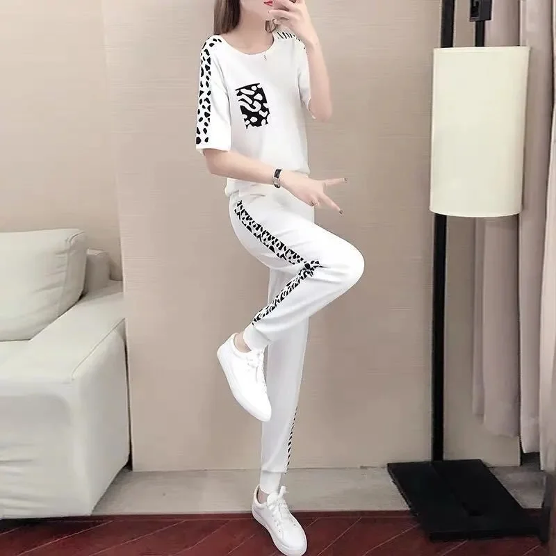 Sports Suit For Women Summer Two Piece Set 2023 New Female Pants Two Piece Set Ladies Casual Sportswear Suit Short Sleeve 2PCS