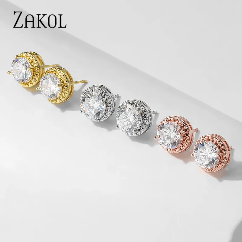 ZAKOL Elicate Small Round Stud Earrings Women with Shiny Cubic Zirconia Simple Versatile Accessories for Teens Fashion Jewelry