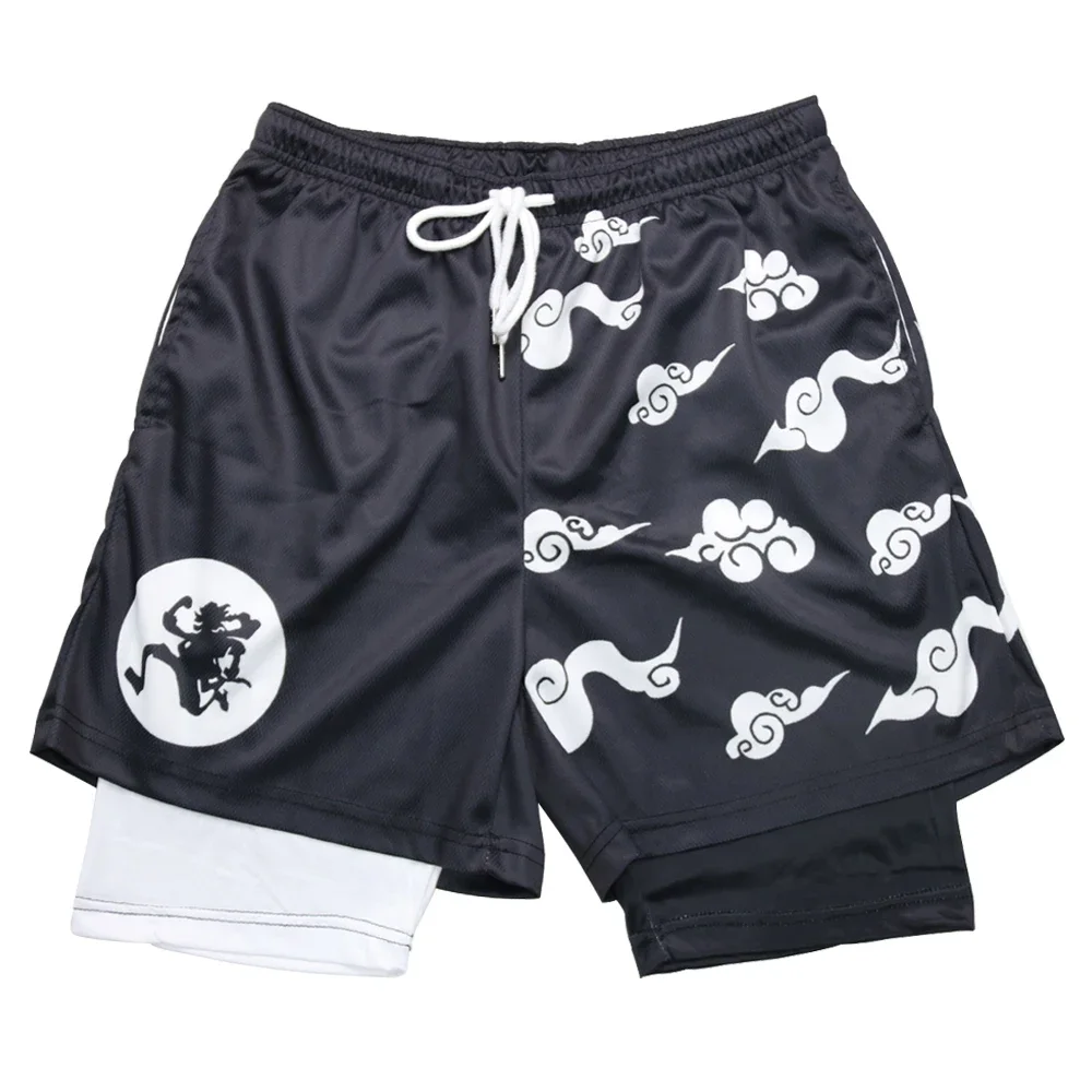 Anime Gym Shorts Men Devil Fruit Manga Print 2 in 1 Performance Shorts Fitness Mesh Quick Dry Athletics Short Pants Summer