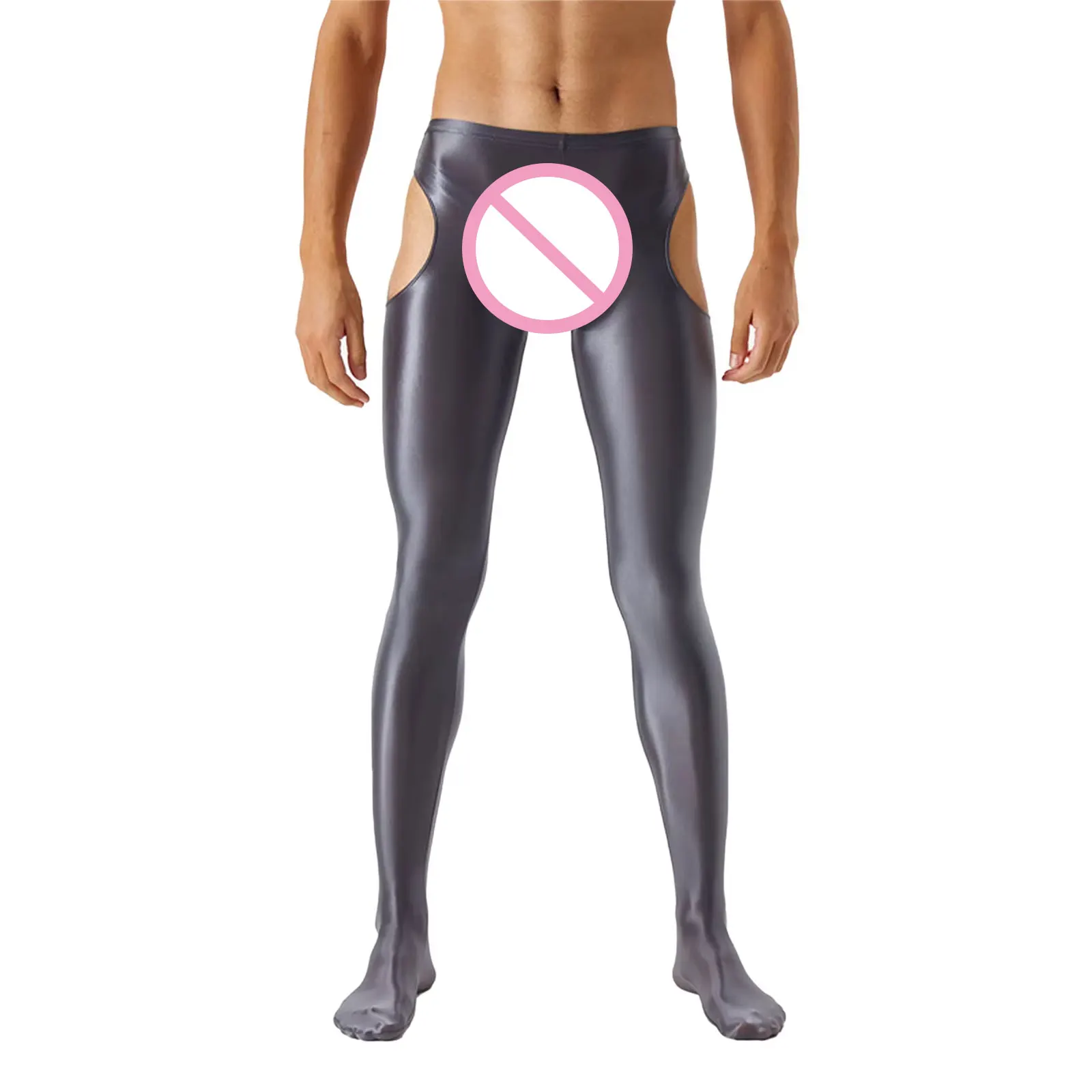 Mens Glossy Crotchless Pantyhose Cutout Mid Waist Tights Elastic Waistband Skinny Pants Leggings Hollow Out Nightwear