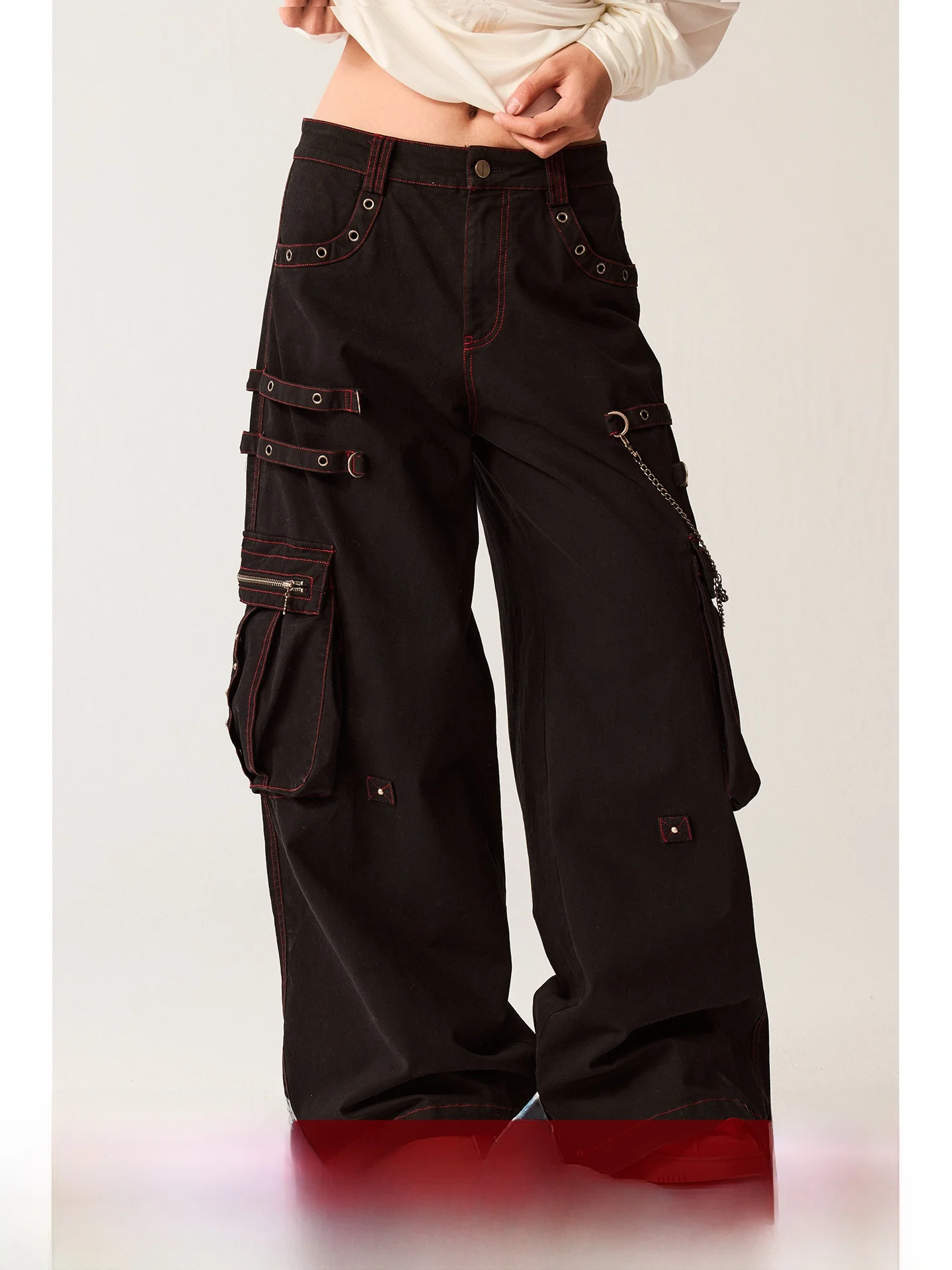 

BeerBro Retro Sound Wave Work Pants Loose Slimming Casual Straight Leg Color Blo Chain Detailing Low Waist Cotton Blend