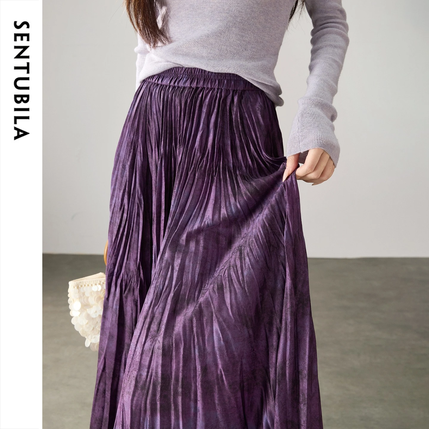 SENTUBILA Autumn Maxi Skirt Women Double Jacquard Elastic Waist Pleated A-line Skirt 2026 Slim Commute Clothes Ladies 163QB8367