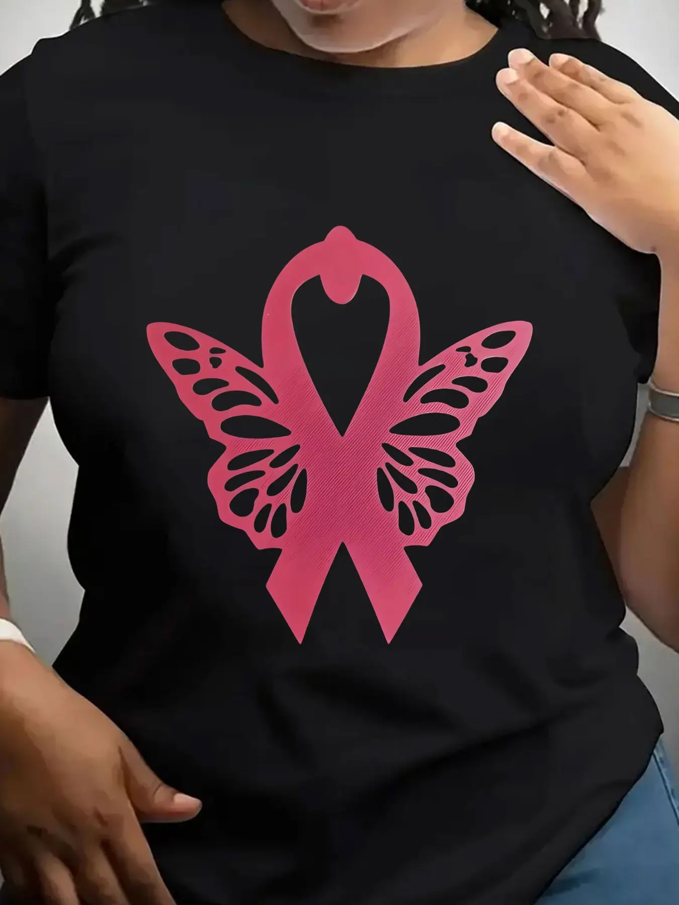 Women's Trendy Crew Neck T-Shirt Pink Ribbon Butterfly Wing Design Suitable for Casual Sportswear
