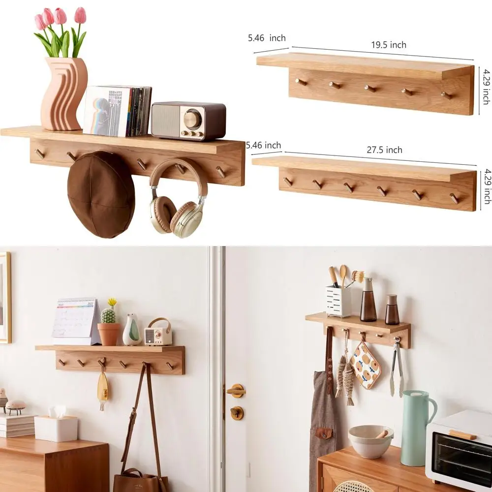 

6-Hook Oak Wall Shelf with Floating Design for Entryway, Coat Rack, and Storage in Various Rooms (27.5)
