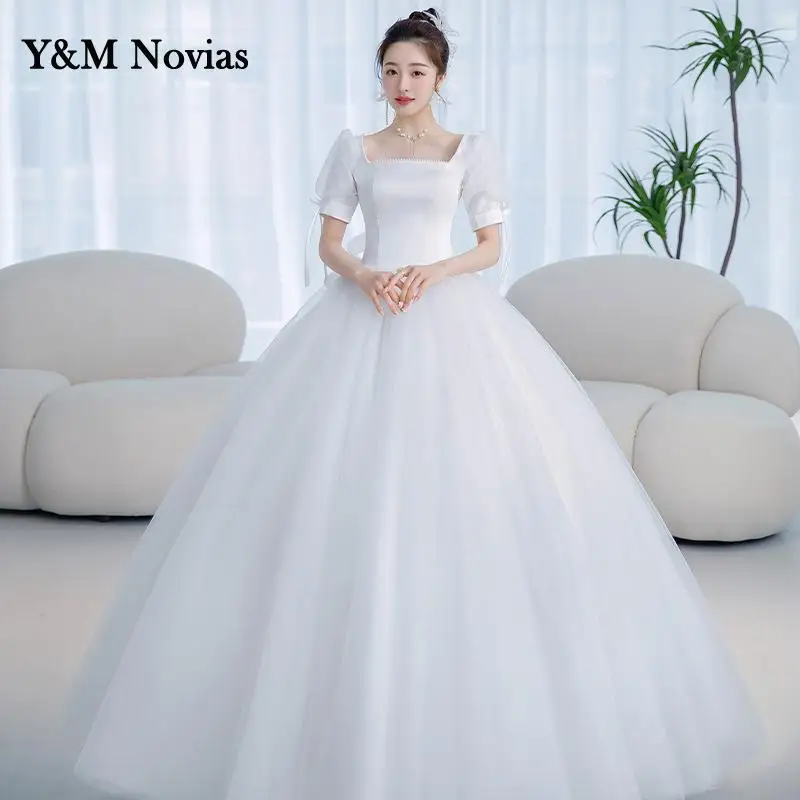 Y & M Novias Ngà Nhẹ Pháp Satin Váy Cưới Plus Kích Thước Áo Dây De Mariage 2022 Mới Đầm Vestido De Noiva muỗng Wtih Tay Tull