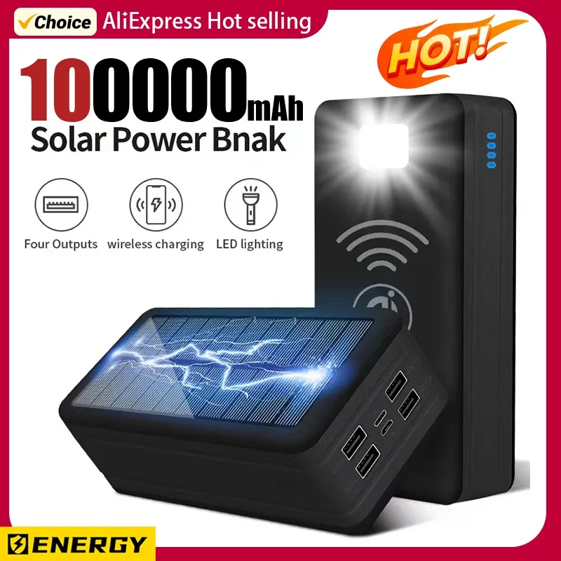 2024 Qi Power Bank 100000mAh wireless outdoor waterproof belt charging super fast multifunctional power bank solar