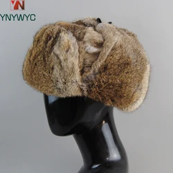 2024 Hot Sell Male Winter Outdoor Real Rabbit Fur Bomber Hat Men Warm Fluffy 100% Natural Rabbit Fur Caps Unisex Genuine Fur Cap