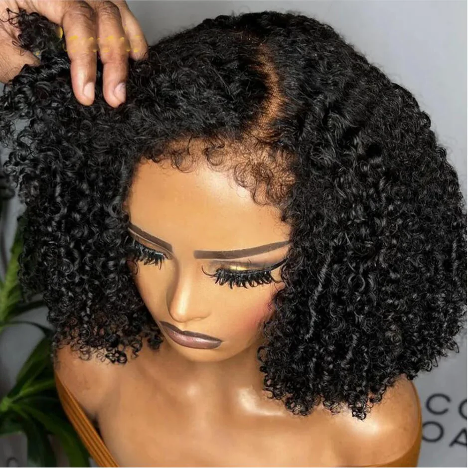 Perruque Bob Lace Front Wig crépue bouclée sans colle pour femme, cheveux courts doux, noir naturel, densité 180, baby hair, degré de chaleur, préplumée, 03, sans colle