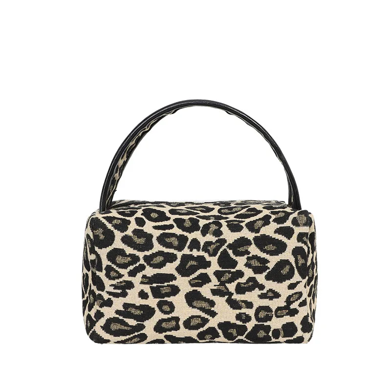 Fashion Small Tote Bag Women Makeup Bag Portable Cute Ladies Cosmetic Toiletry Storage Pouch Canvas Leopard Zipper Handbags