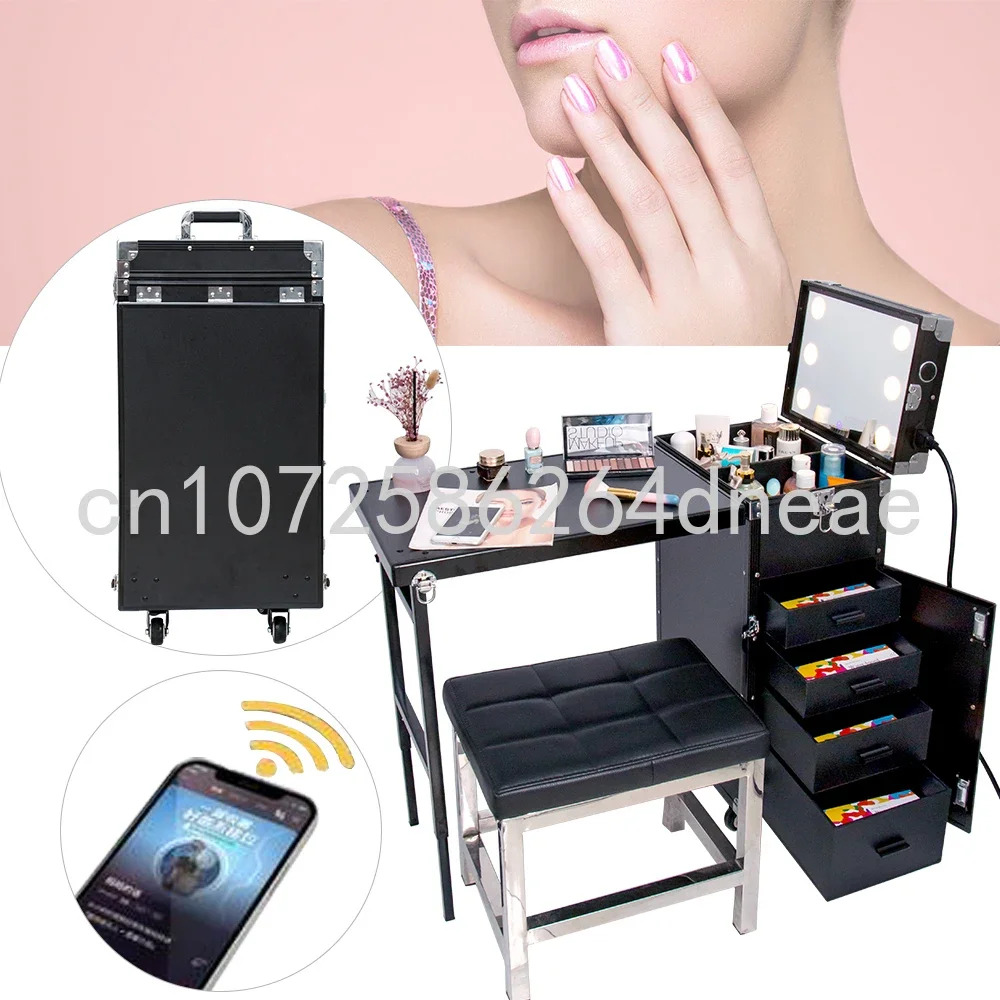 Portable Foldable Workstation Makeup Organizer Trolley Case Speakers Drawers Nails Table Salon Manicure Table