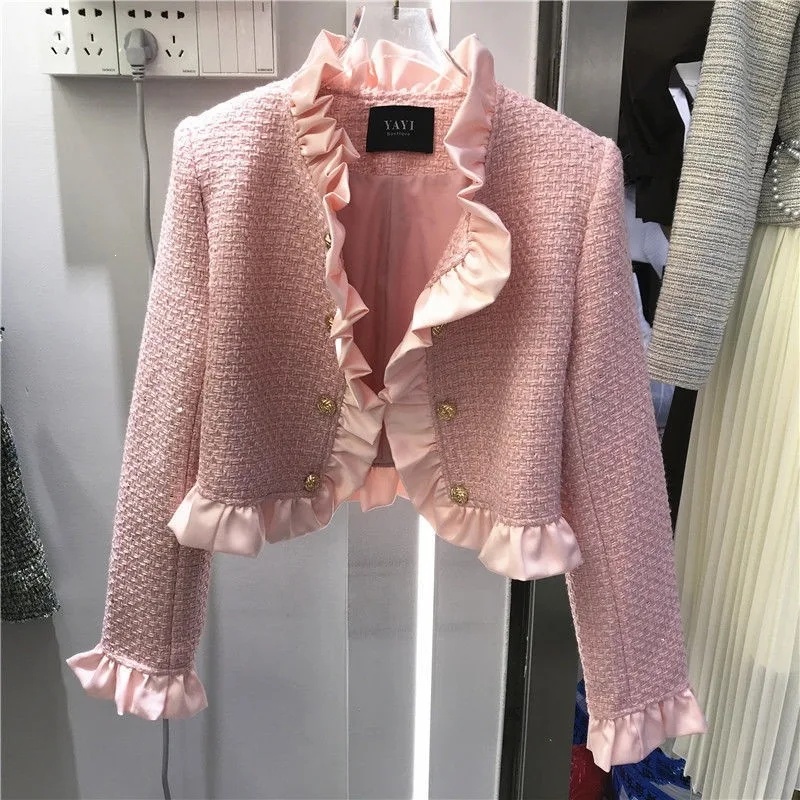 2026 New Autumn Women Tweed Short Jacket Ruffled Trim Elegant Style Coat Double Breasted Woven Woolen Blazer Ladies Outerwear