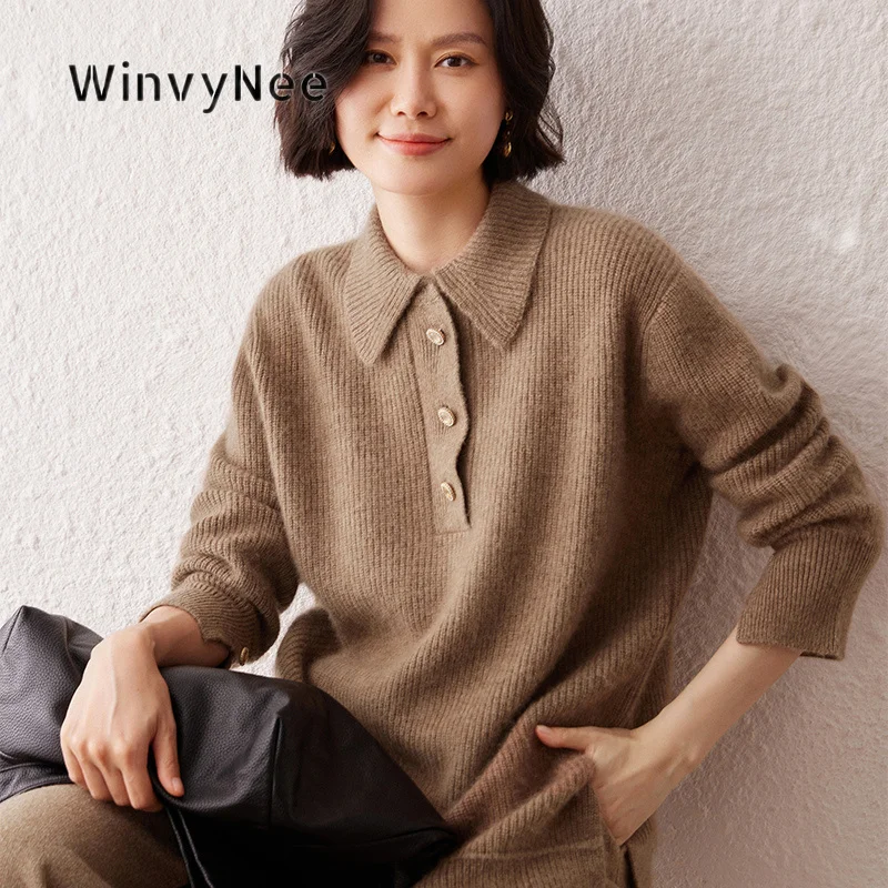 WinvyNee Women Pullover Cashmere Three Button Polo Collar Ribbed Cuff Minimalist Versatile Soft Commuter Daily Knit Top A1044057