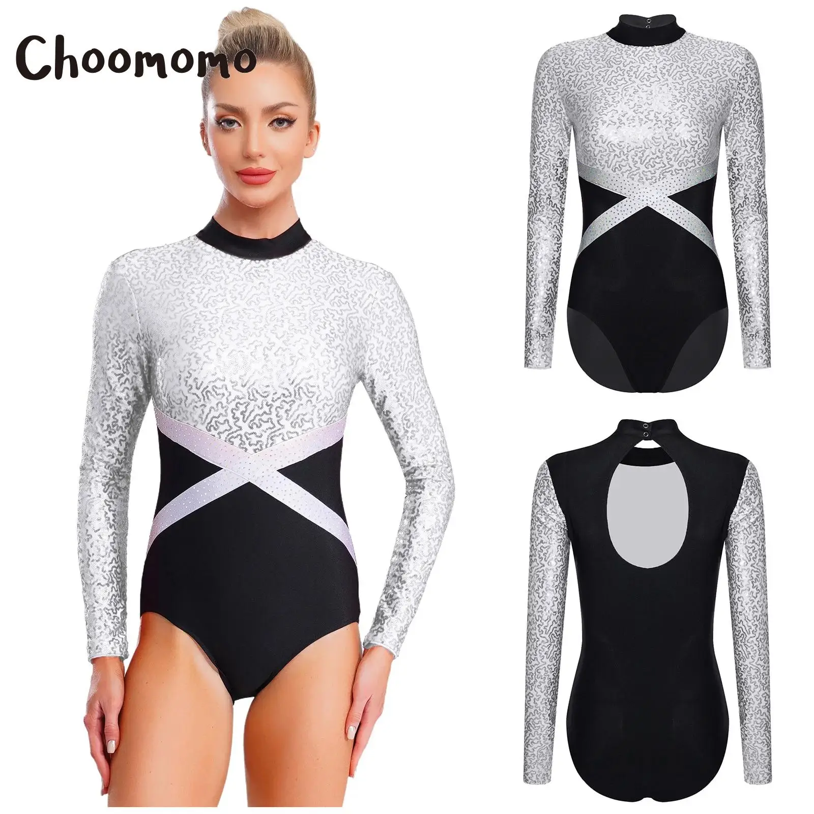 

Womens Sequins Ballet Gymnastics Leotard Rhinestone Long Sleeves Hollow Out Back Bodysuit Ballet Gymnastics Dance Competition