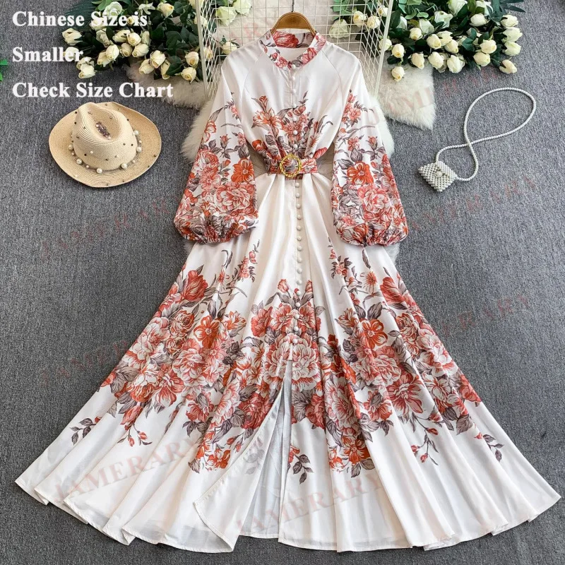 Camicia maxi abito floreale da passerella da donna monopetto con stampa palazzo design manica intera abiti lunghi a fiori per le vacanze di marca nazionale