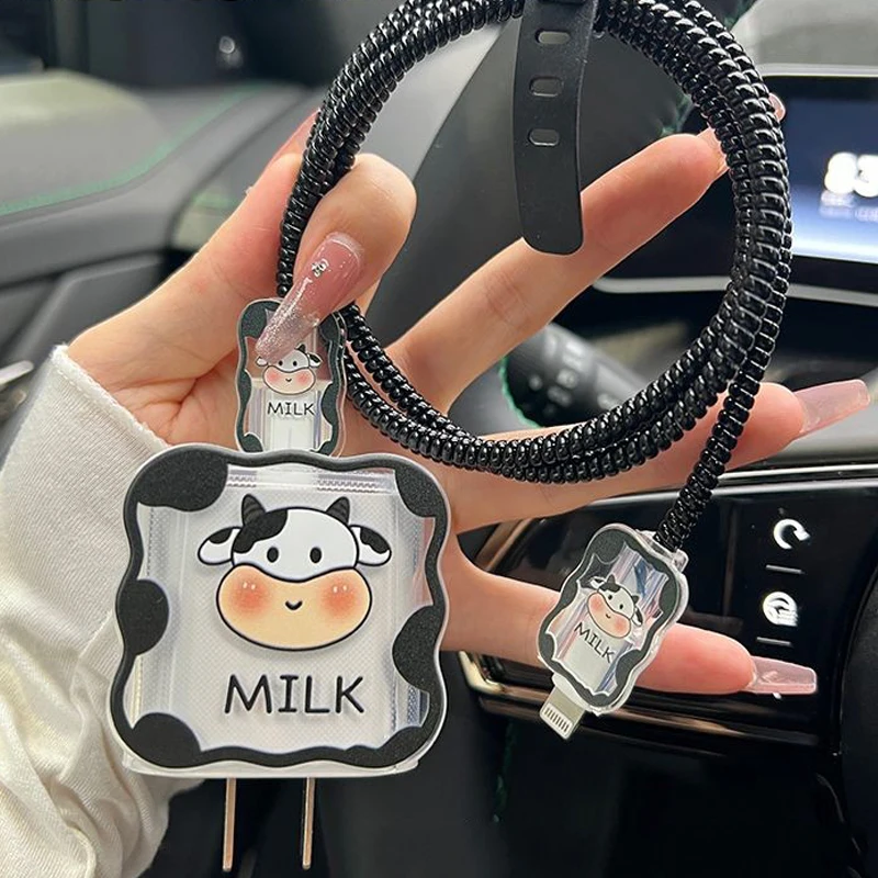 Cartoon Cow Wave Silicone Soft Dustproof Bite Cord Line USB Cable Charging Head Winder Case Protector For Apple Iphone 18W/20W