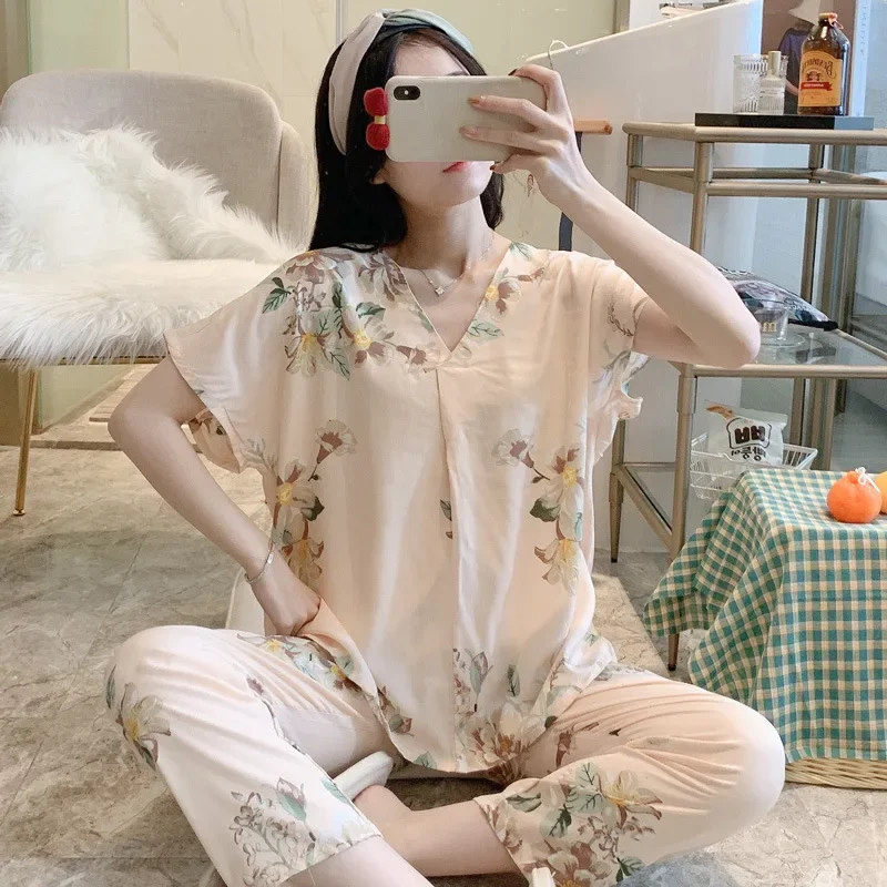 

Spring Summer Pajama Sets Women's Short Sleeve Korean Printing Thin 2-Piece Set Korean Loose Home Clothes Two Pieces Clothing Pj