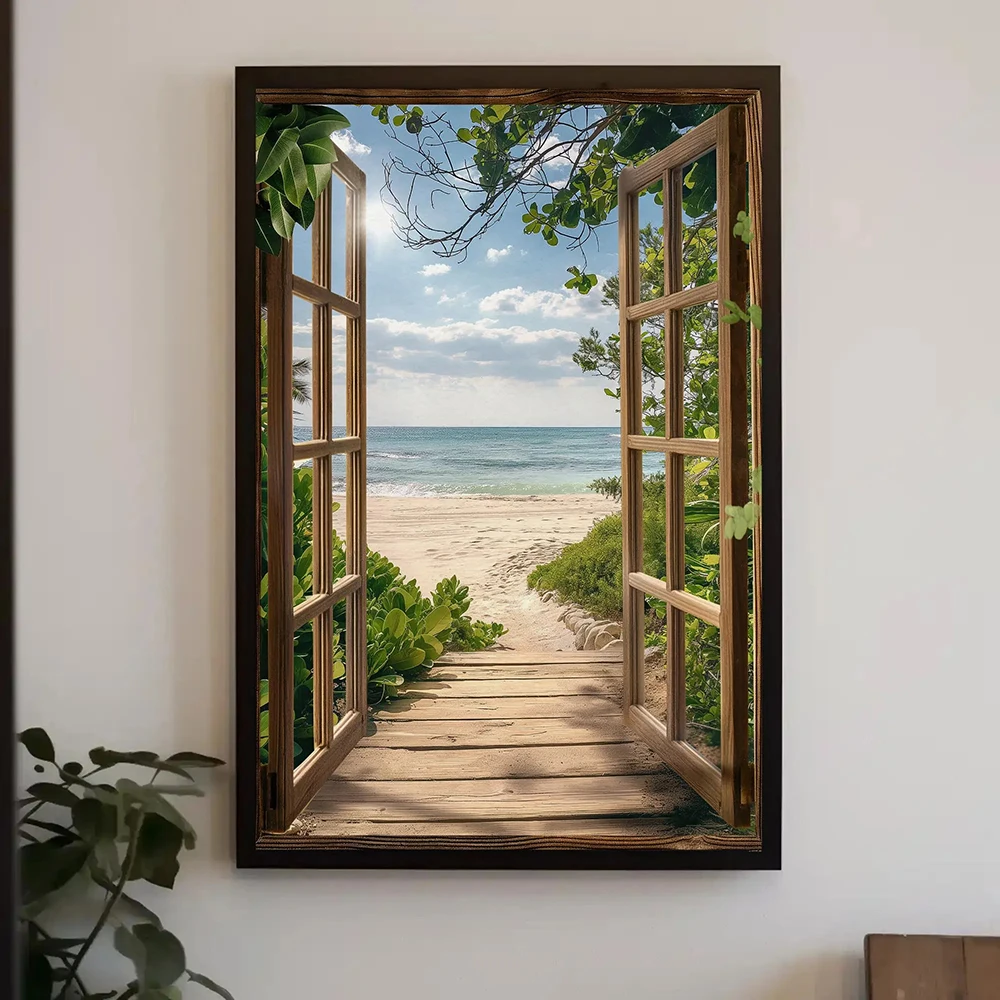 (1PC Unframe)Beach Pathway 2D Flat Window Canvas Art – Coastal Seaside View Wall Art Posters,  Home Living Room Decor, No Frame