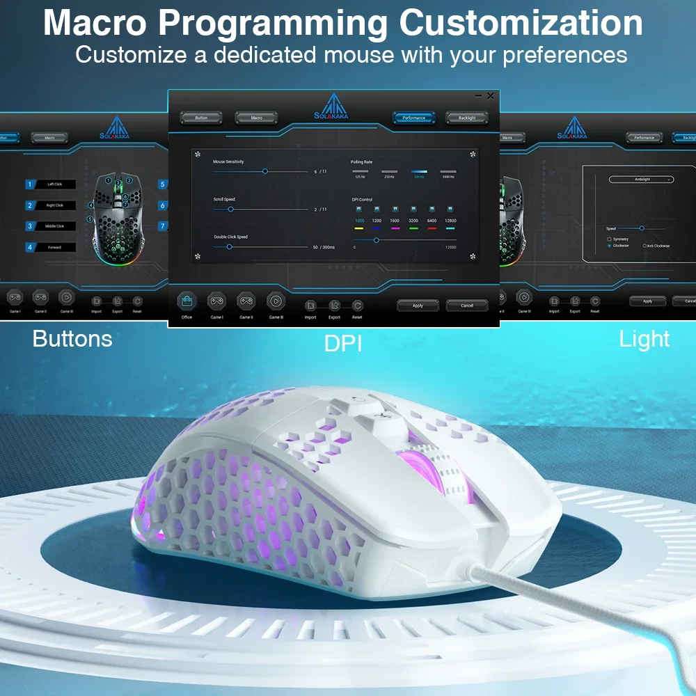 Проводная игровая мышь SOLAKAKA SM900 с сотовым корпусом, 12800 точек на дюйм, 7 программируемых кнопок, эргономичная компьютерная мышь для макросов на заказ