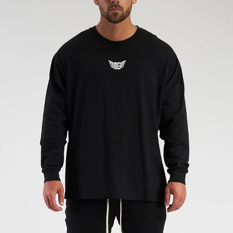 

Oversized Long Sleeve Men Fashion Print Loose Comfortable Tops Drop Shoulder Casual Autumn Breathable Gym Fitness Cotton T-Shirt