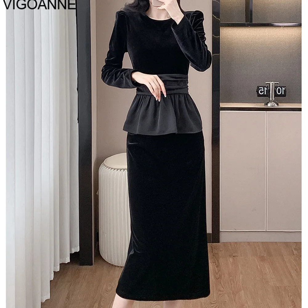 VigoAnne 2025 Solid Long Sleeve Top And High Waist Skirt 2 Piece Sets Woman Spring Autumn Korean Velvet Long Dress Suit Ladies