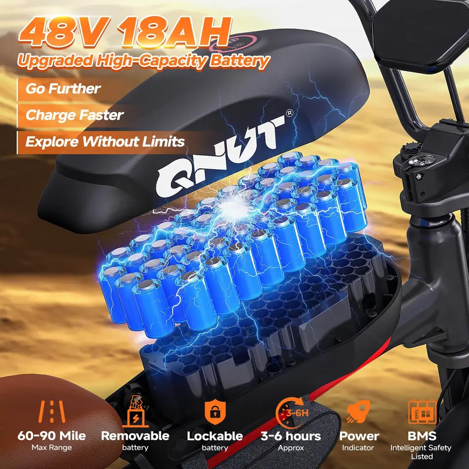 QNUT BK20 Electric Bike for Adults 28mph 48V 18Ah Battery Electric Bicycle 70-Mile Long Range 7-Speed 20"x4.0" Fat Tire Retro Ebike image 5