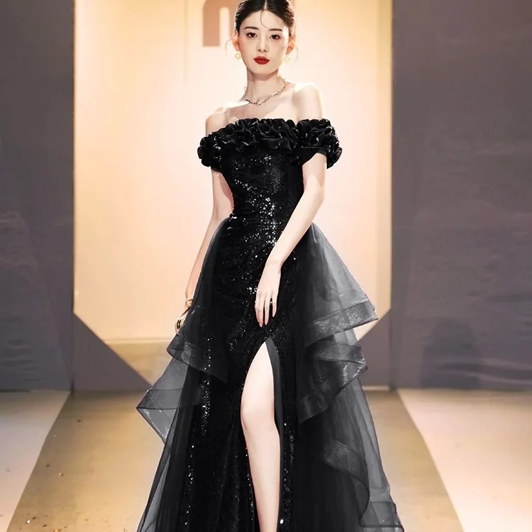 

Black off-shoulder evening gown 2024 latest light luxury sequins high-end banquet gown vestido longo feminino pra casamento