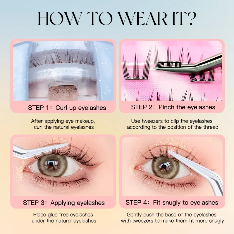 Clusters de cílios autoadesivos, sem necessidade de cola, cílios individuais, extensões de cílios macios para maquiagem natural, reutilizáveis