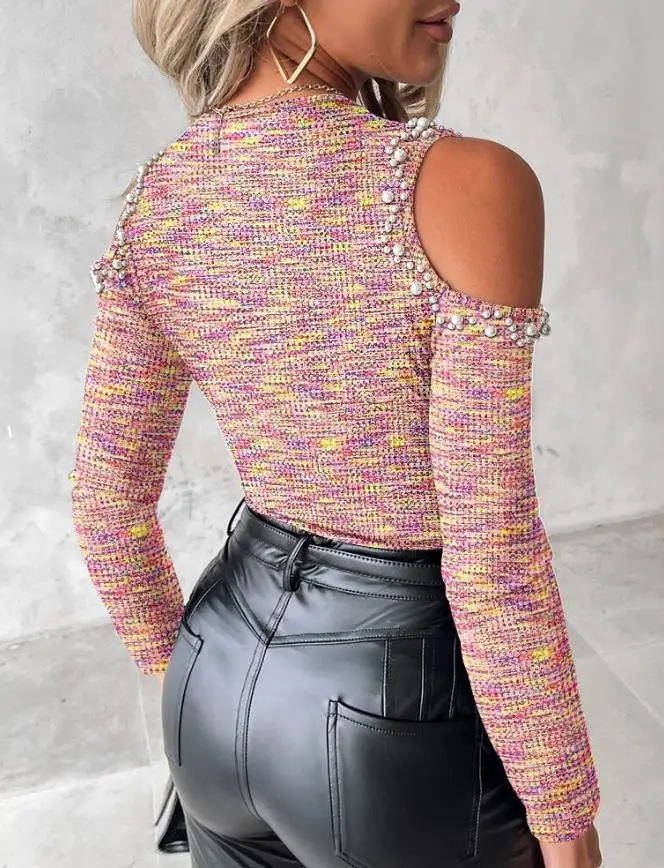 Nova moda 2025 casual sexy pérolas decoração multi-cor ombro frio manga longa meio zíper camiseta aba detalhe waffle fino ajuste topo
