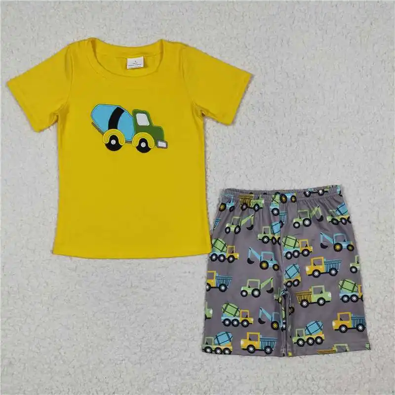 

BSSO0186 summer boys sets Embroidered Color Engineering Vehicle Yellow Short Sleeve Shorts Set Summer Western baby boys clothes
