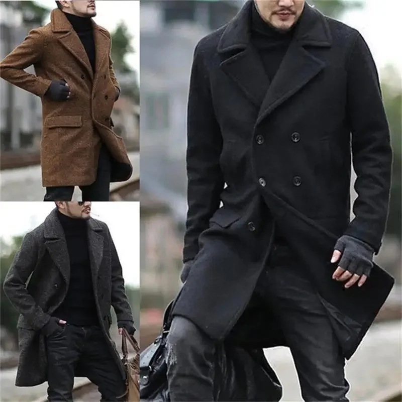 

2023 Autumn/Winter New Woolen Men's Coat Mid Length Woolen Double Breasted Coat