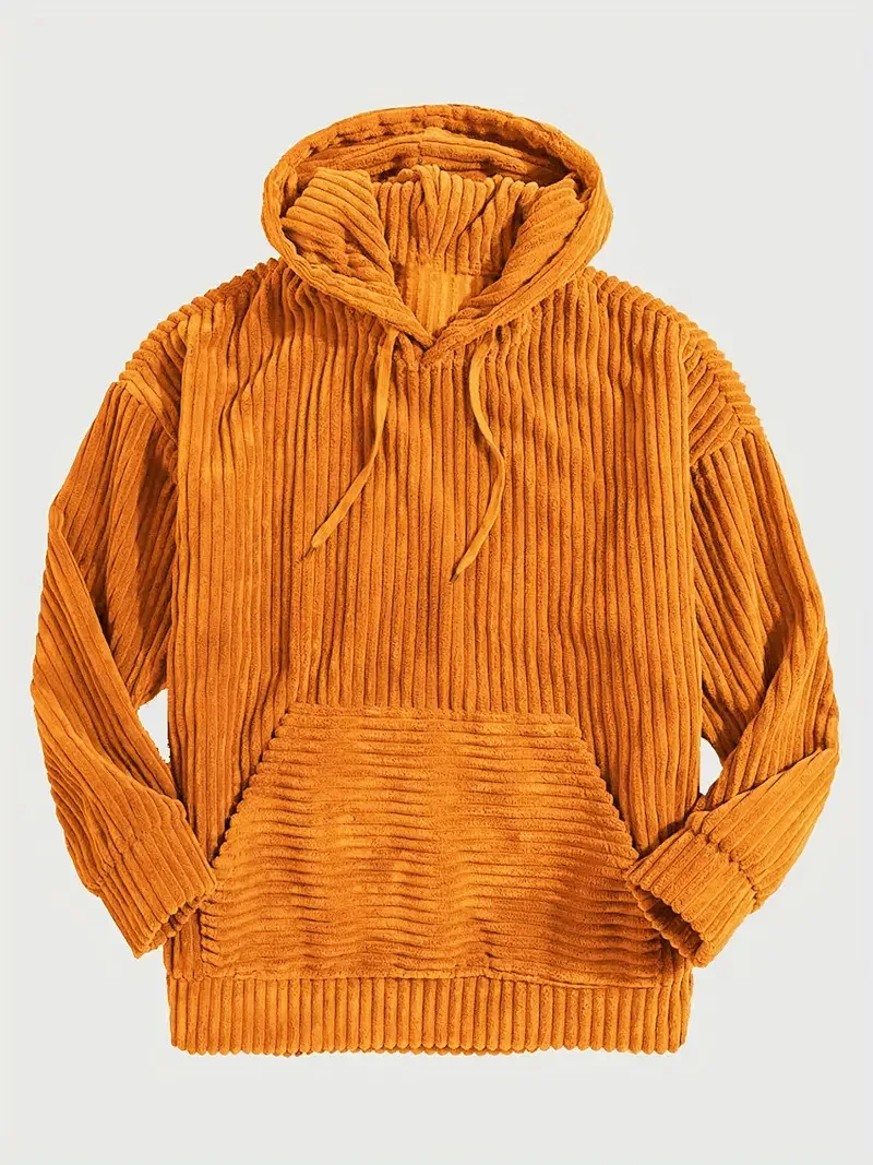 Vertical Thick Corduroy Sweatshirt with Drawstring Neck Kangaroo Pocket Ribbed Cuff Hem Oversized Loose Long Sleeve Hoodie