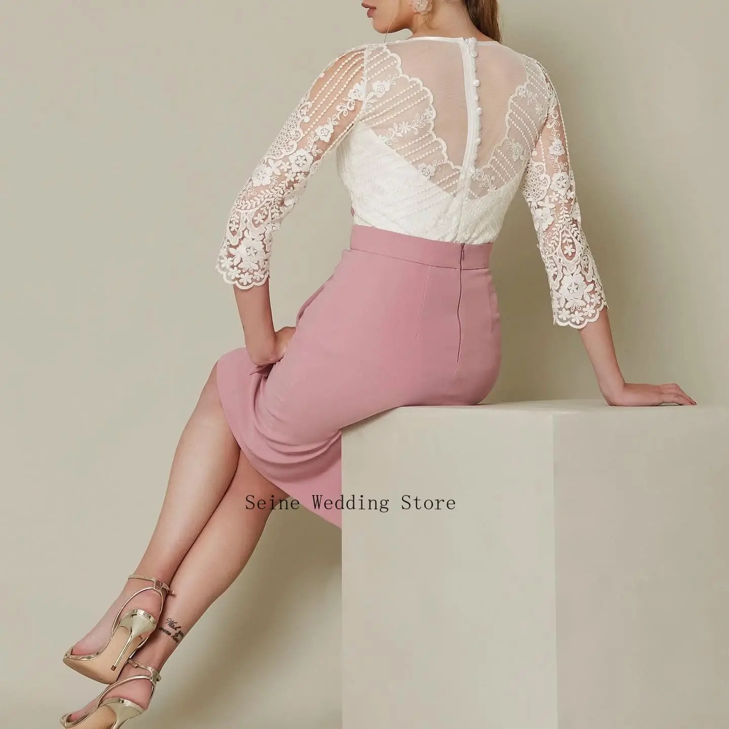 Customized Pink Mermaid Crepe Mother of The Bride Dress Floral Lace Applique Round Neck 3/4 Lace Sleeve Cocktail Party Dresses