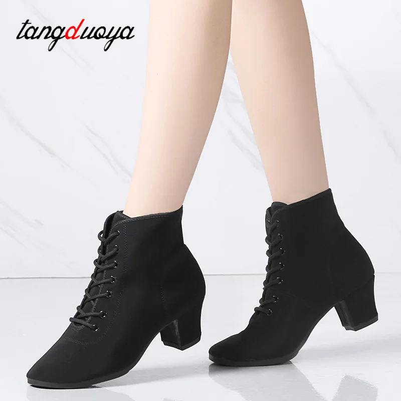 Sepatu dansa Jazz dansa Latin wanita, sepatu kets olahraga warna merah hitam, sepatu dansa Modern Jazz Ballroom wanita