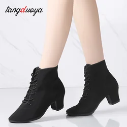 Zapatos de baile latino de salón para mujer, zapatos de baile moderno de Jazz, botas de baile con cordones, zapatillas deportivas rojas y negras, novedad