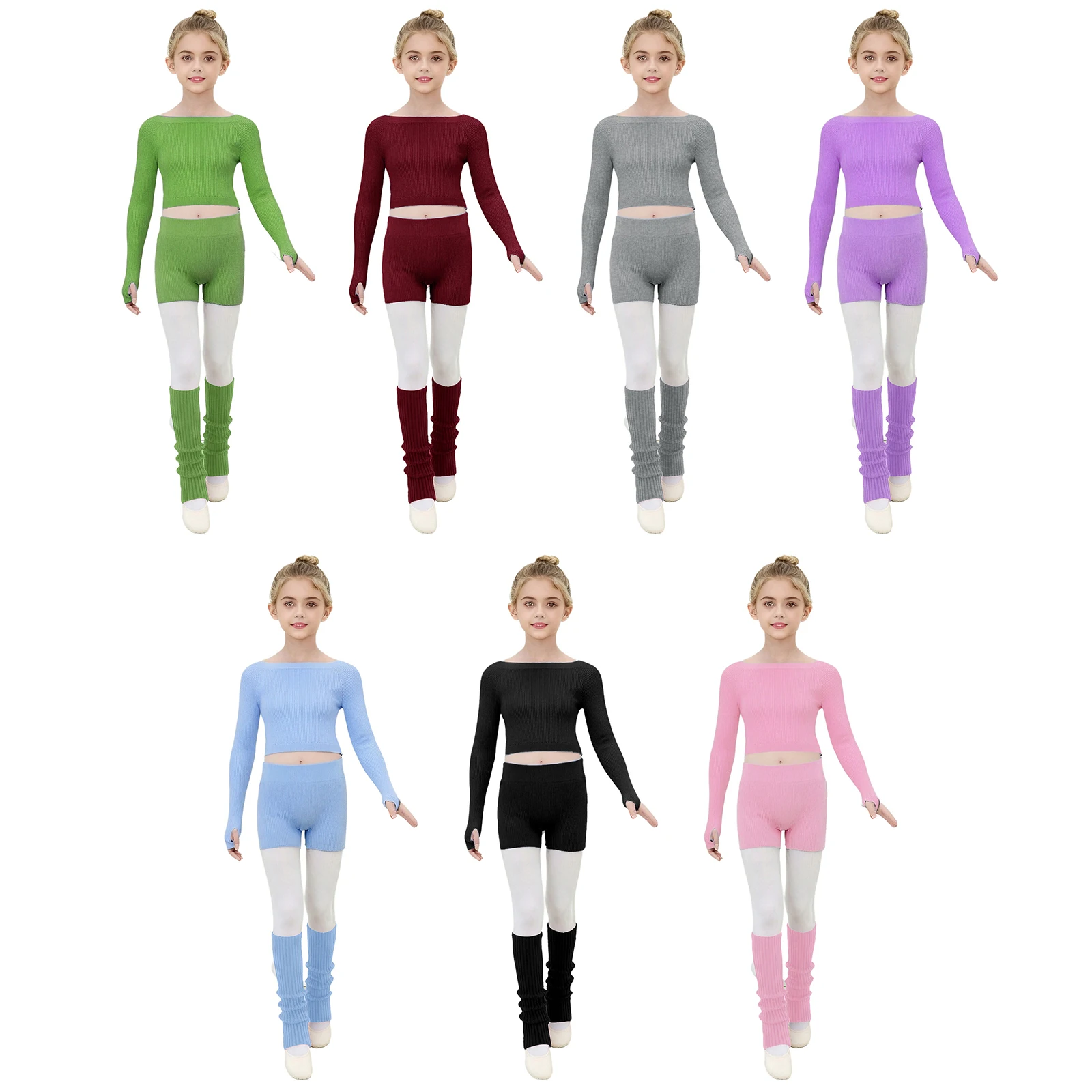 في سن المراهقة الأطفال الخريف الشتاء الباليه ممارسة الاحماء زي الجمباز البلوفرات طويلة الأكمام المحاصيل مع السراويل + تدفئة الساق