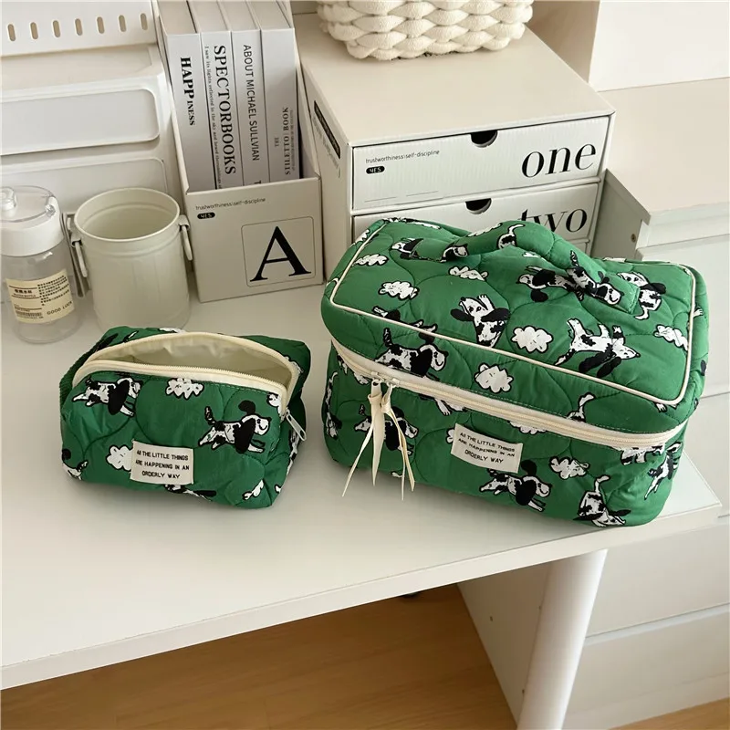 Coreano Fashion Cartoon Dog Cosmetic Bag Organizer custodia per trucco verde di grande capacità borse da toilette da viaggio custodia di bellezza in