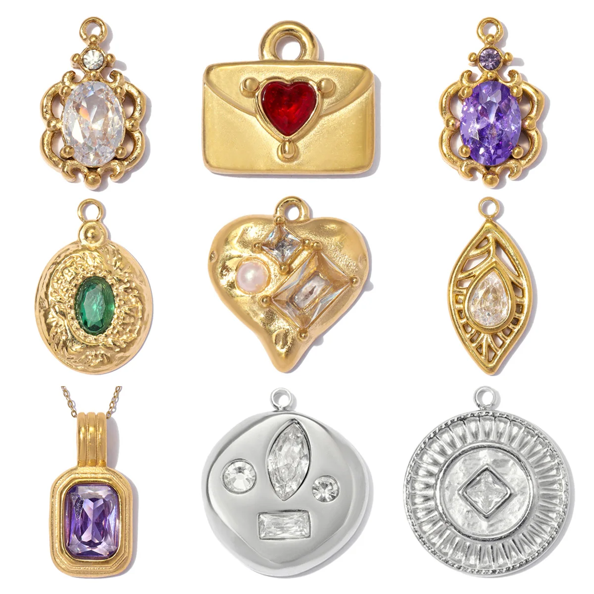 3pcs/Lot Stainless Steel Handbag Flower Zircon DIY Charm Rhinestone Evil Eye Flower Necklace Pendant Woman Roller Skates Jewelry