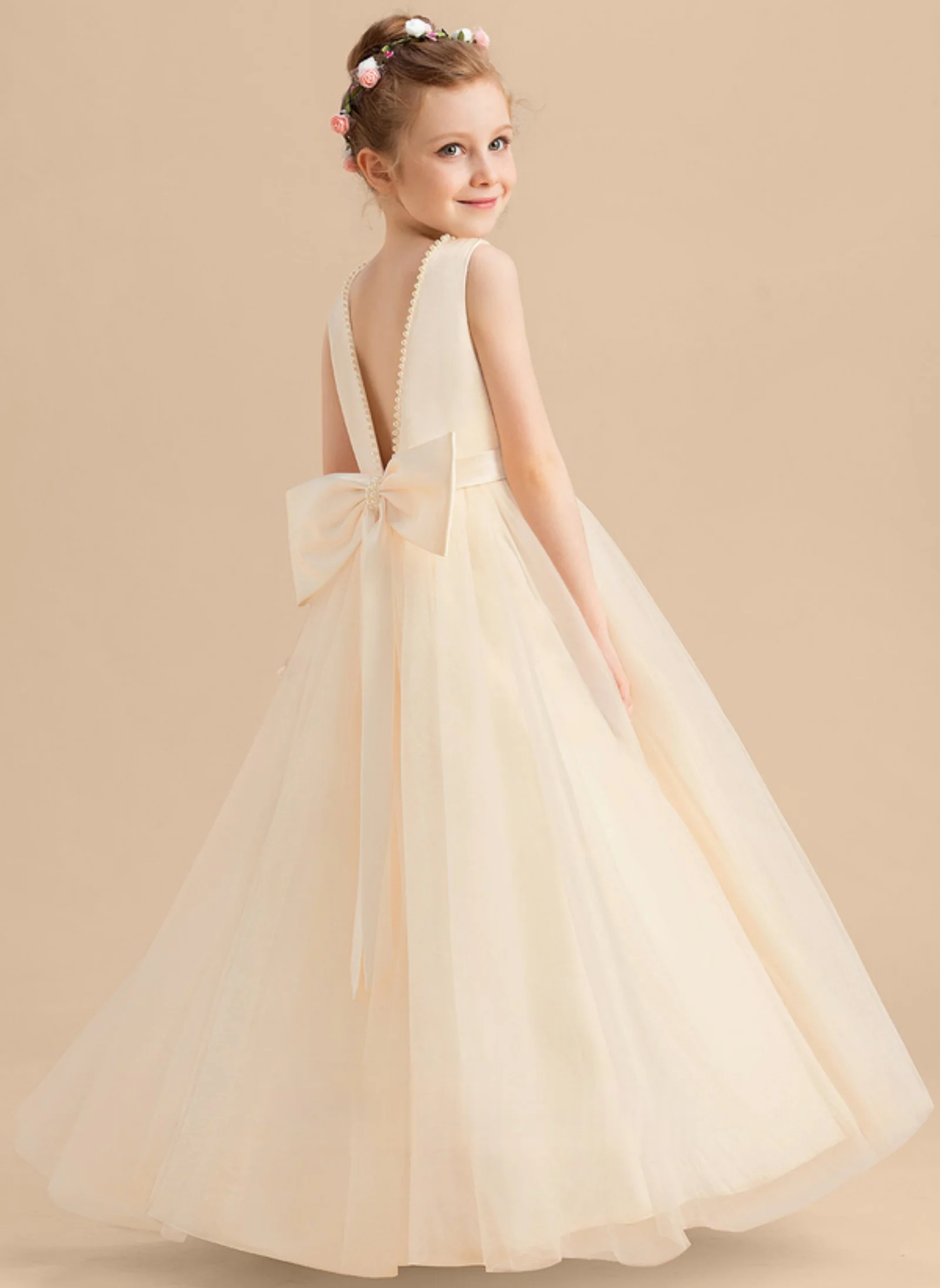 Bow-knot Pearls Flower Girl Dresses Elegant Piano Perform Teenage Little/Big Girl Princess Dress Birthday Party Long Dress