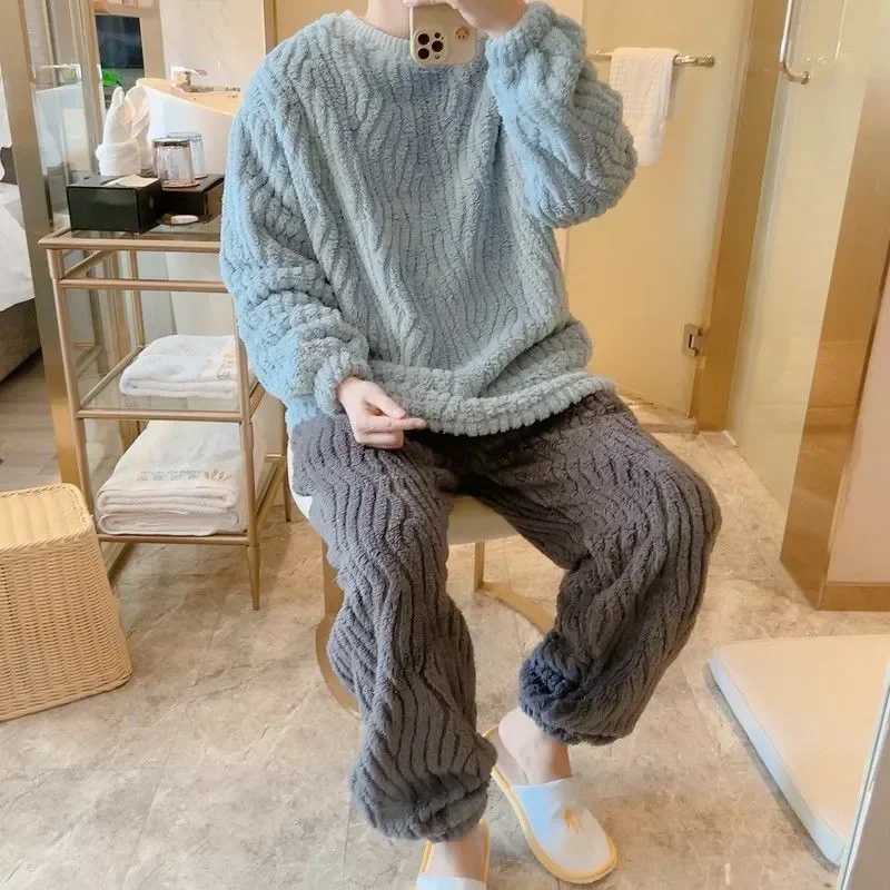 Loose Warm Homewear Sleeve Fleece Piece Set Sets Thick Neck Winter Fashion Solid Pajama Men's Coral Long 2 Color