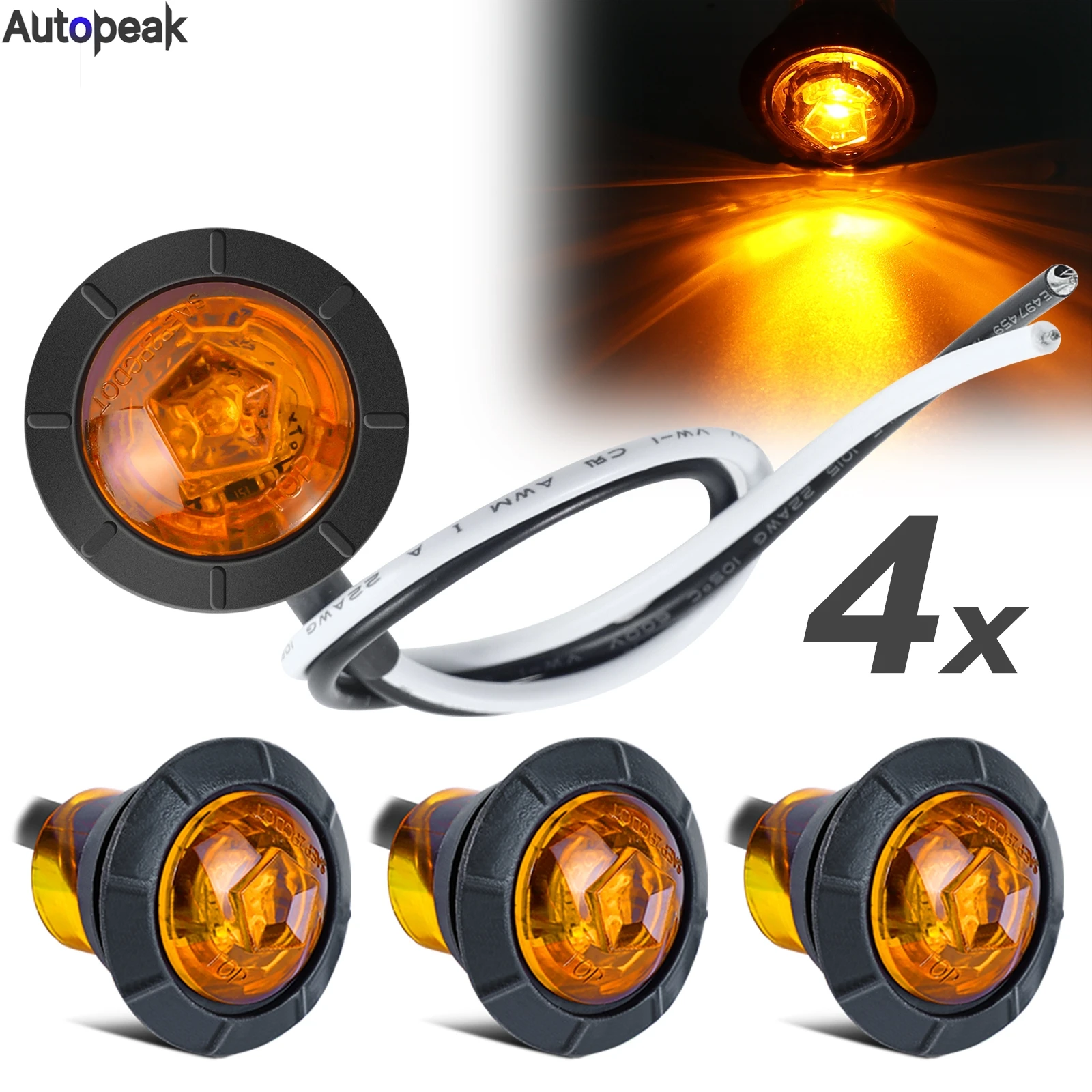 Amber LED Clearance Bullet Marker Lights 3/4 INCH Button Side LED Marker Light For Trailer Truck Accessories RV Car Bus Van 4pcs