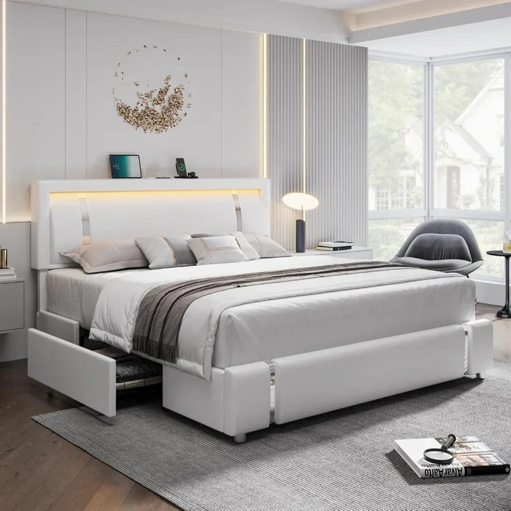 

Full Bed Frame with RGB LED Lights Headboard & 2 Storage Drawers，Iron Metal Decor，Charging Ports, No Box Spring Needed，Bed Frame