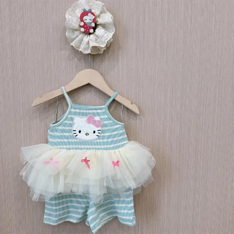 

Sanrio Hello Kitty Kids Sets Kawaii Girl 2Pcs Lace Yarn Suspenders Shorts Cartoon Mint Green Sleeveless Bowknot Yarn Skirt Vest