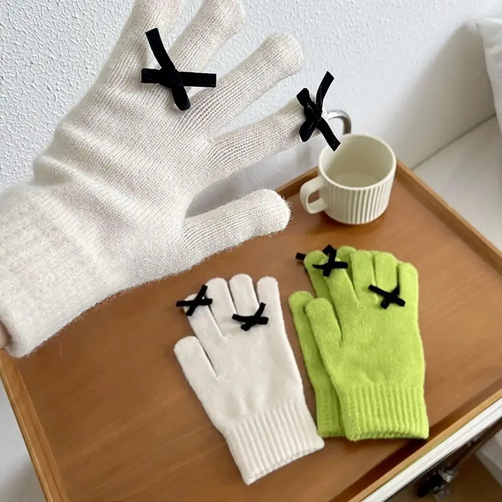 2024 mode Koreanische Touchscreen Finger Handschuhe Mädchen Bownot Gestrickte Fünf Finger Handschuhe Frauen Winter Verdicken Warme Feste Fäustlinge