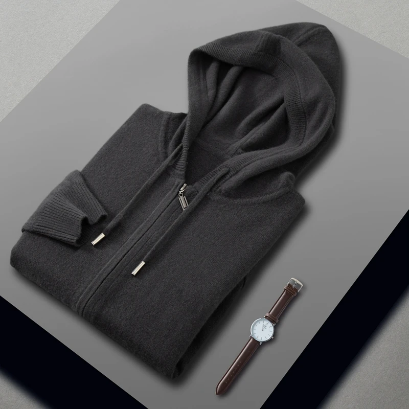 

Мужской 100% кашемировый свитер, толстый кардиган с капюшоном, осень-зима, мягкая теплая роскошная кашемировая вязаная куртка, пальто, умный повседневный стиль